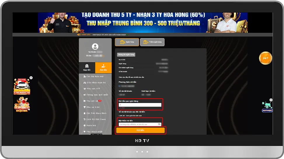 Bước 2: Nhập số điểm muốn rút (1 điểm bằng 1,000 vnđ) và mật khẩu rút tiền »» Bấm “rút tiền”